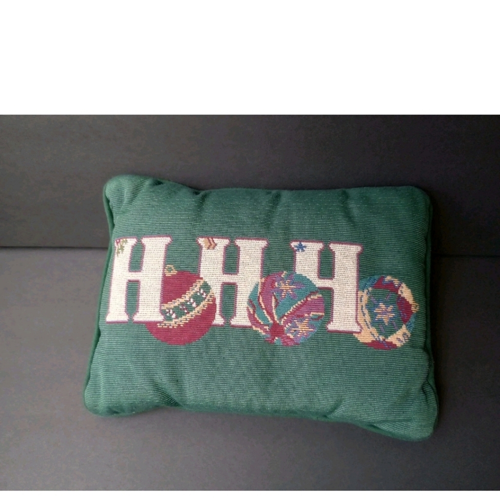 Ho Ho Ho Tapestry Christmas Pillow Green White w/Bulbs 11.5"x8.5" Holidays Santa